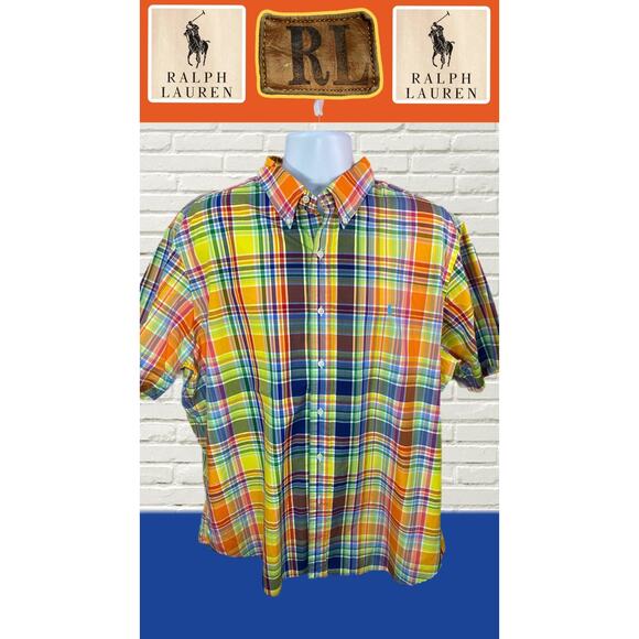 Vintage 90s Polo Ralph Lauren Blue Label Plaid Shirt Men’s 2XL Classic Fit S/S - Picture 1 of 10